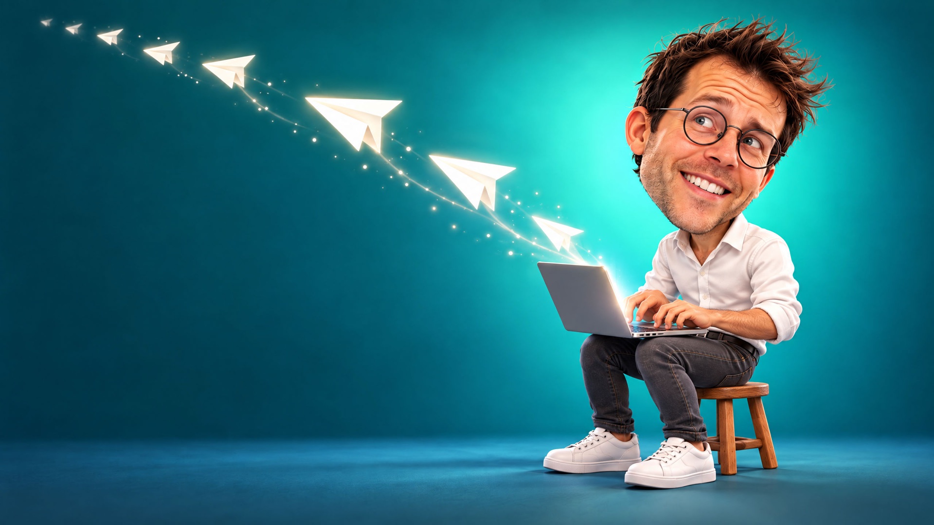 Caricature of Jerem on a tiny stool, laptop on his knees, paper planes flying out of the screen.