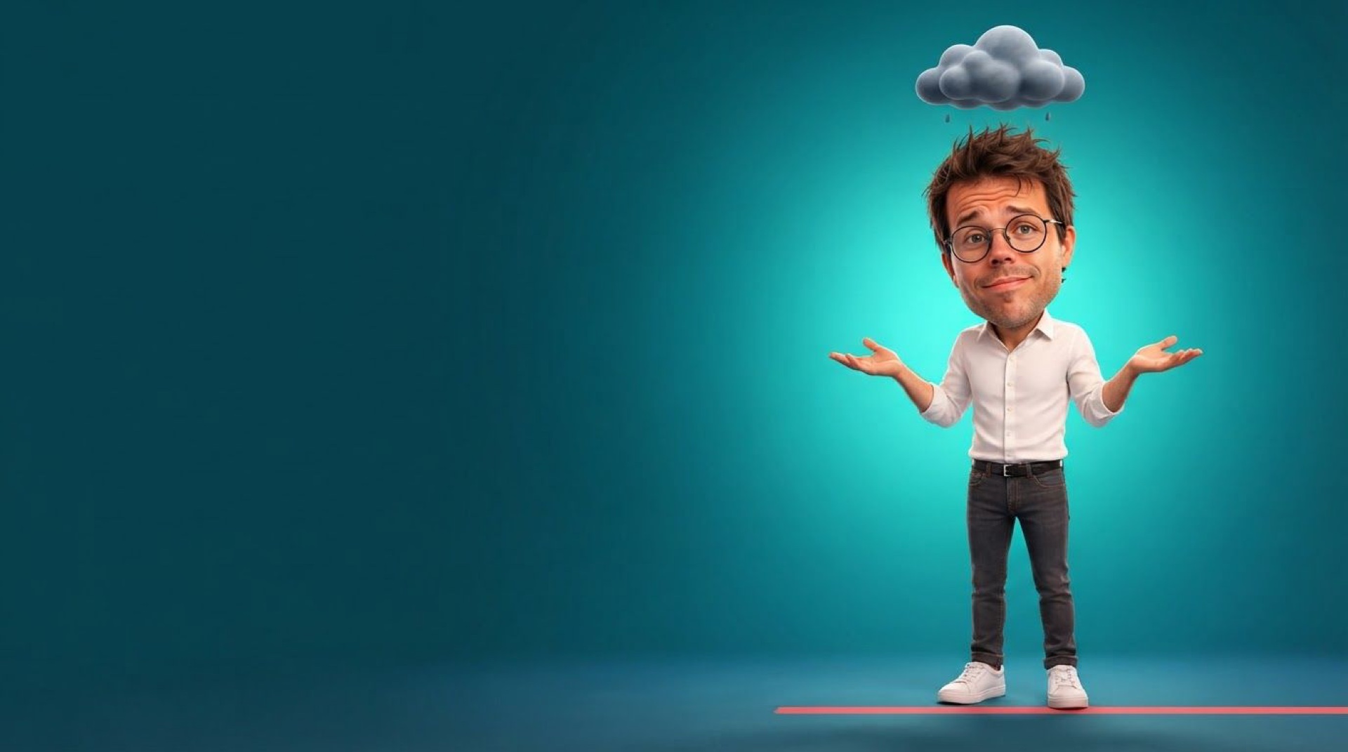 Caricature of Jerem shrugging under a small rain cloud, a coral starting line on the floor.