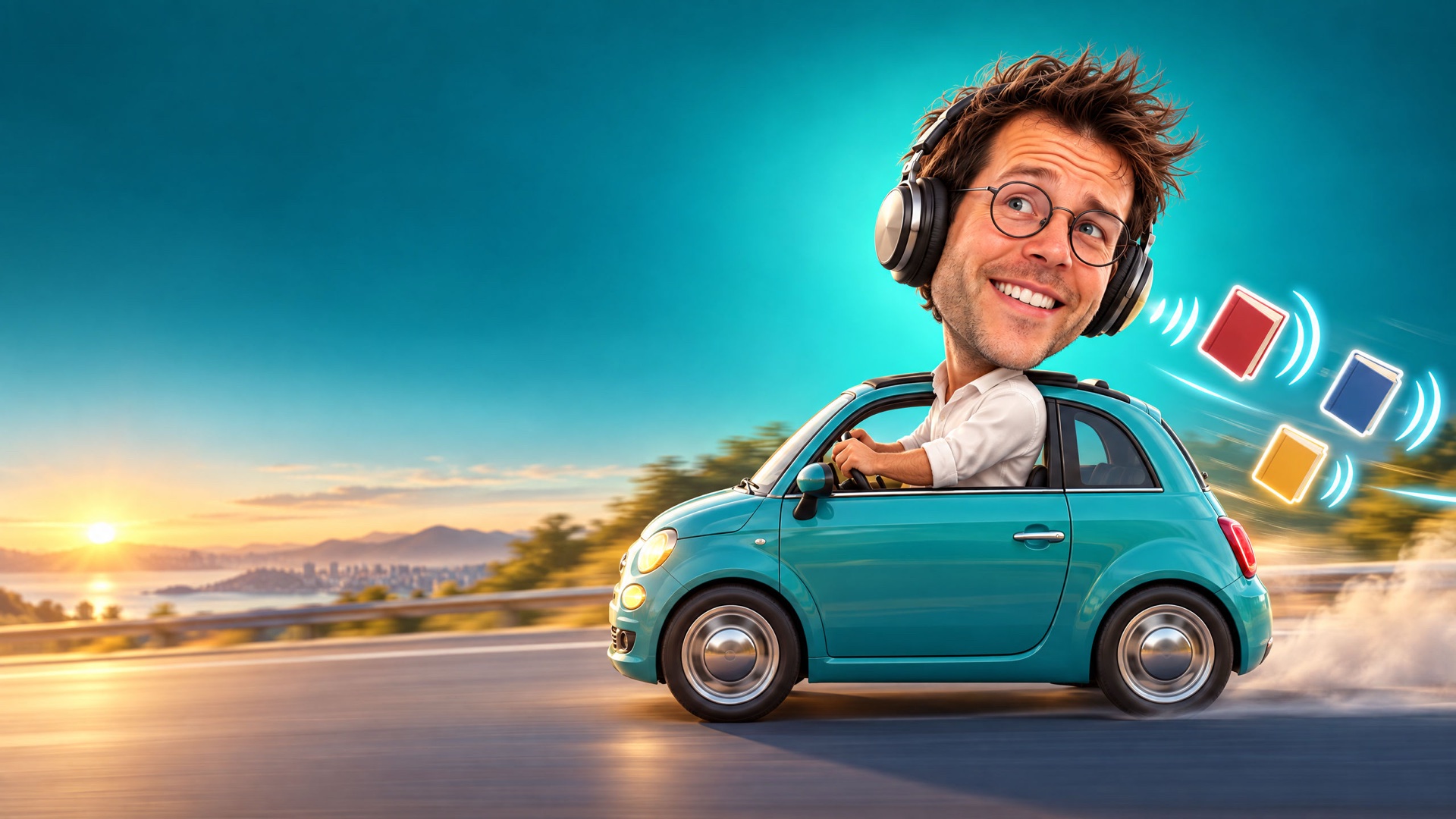 Caricature of Jerem driving a tiny city car with headphones on, books and sound waves trailing behind.