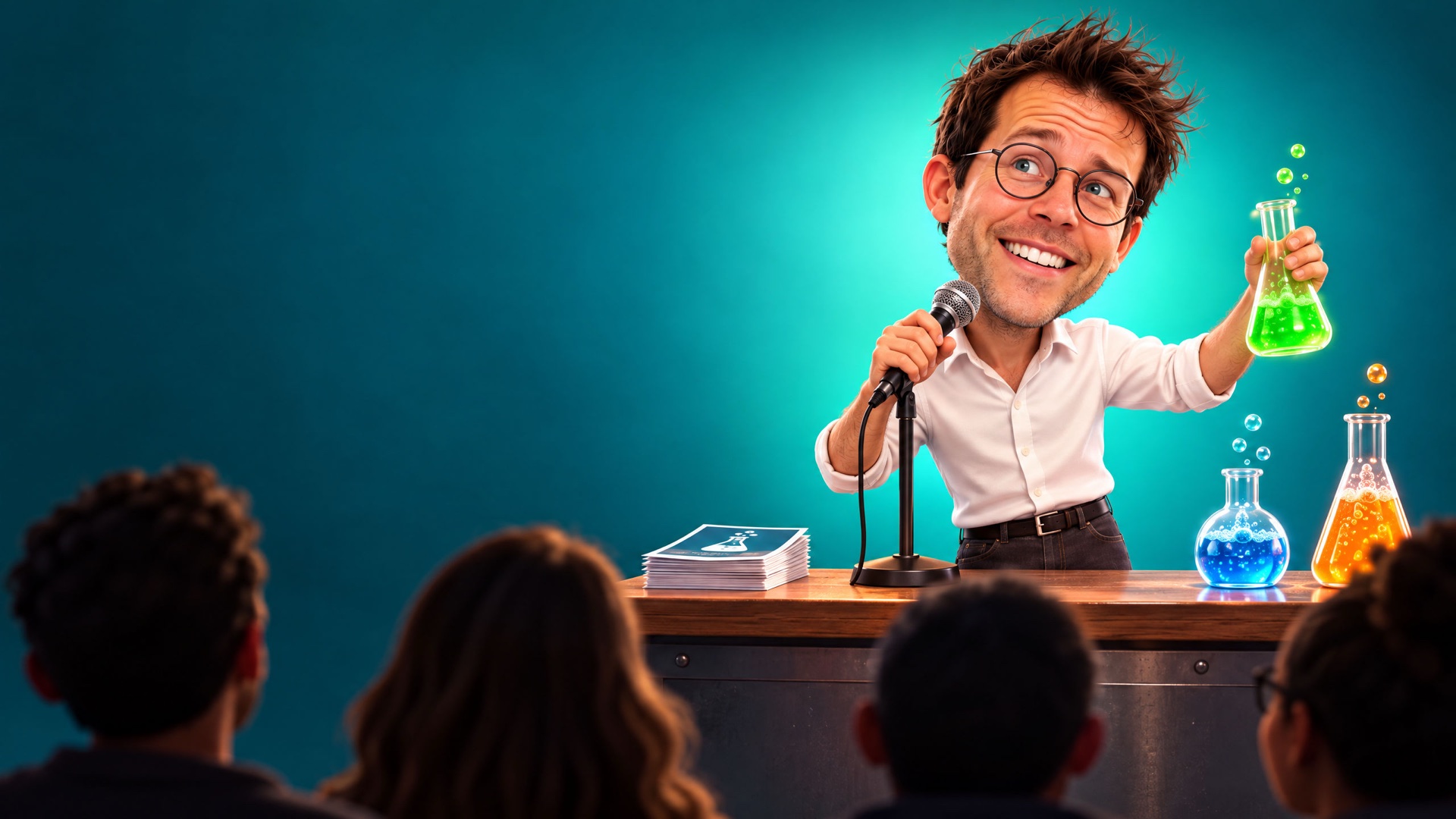 Caricature of Jerem behind a bar that doubles as a lab bench, microphone in one hand, bubbling flask in the other.