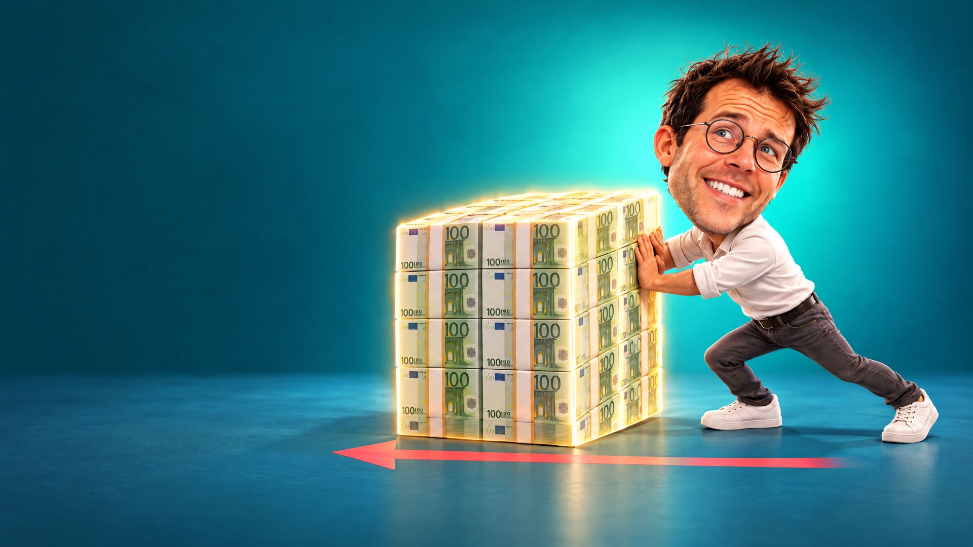 Caricature of Jerem pushing a huge glowing cube of banknotes, a coral arrow on the floor.