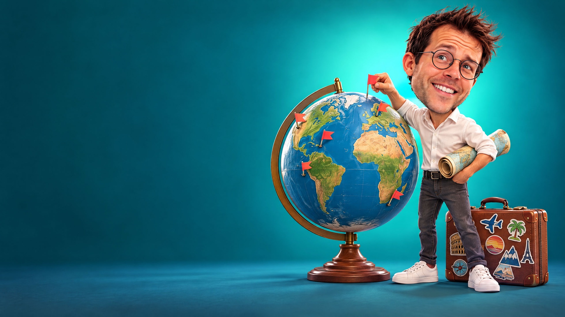 Caricature of Jerem planting coral flags in a globe as tall as he is, a sticker-covered suitcase at his feet.