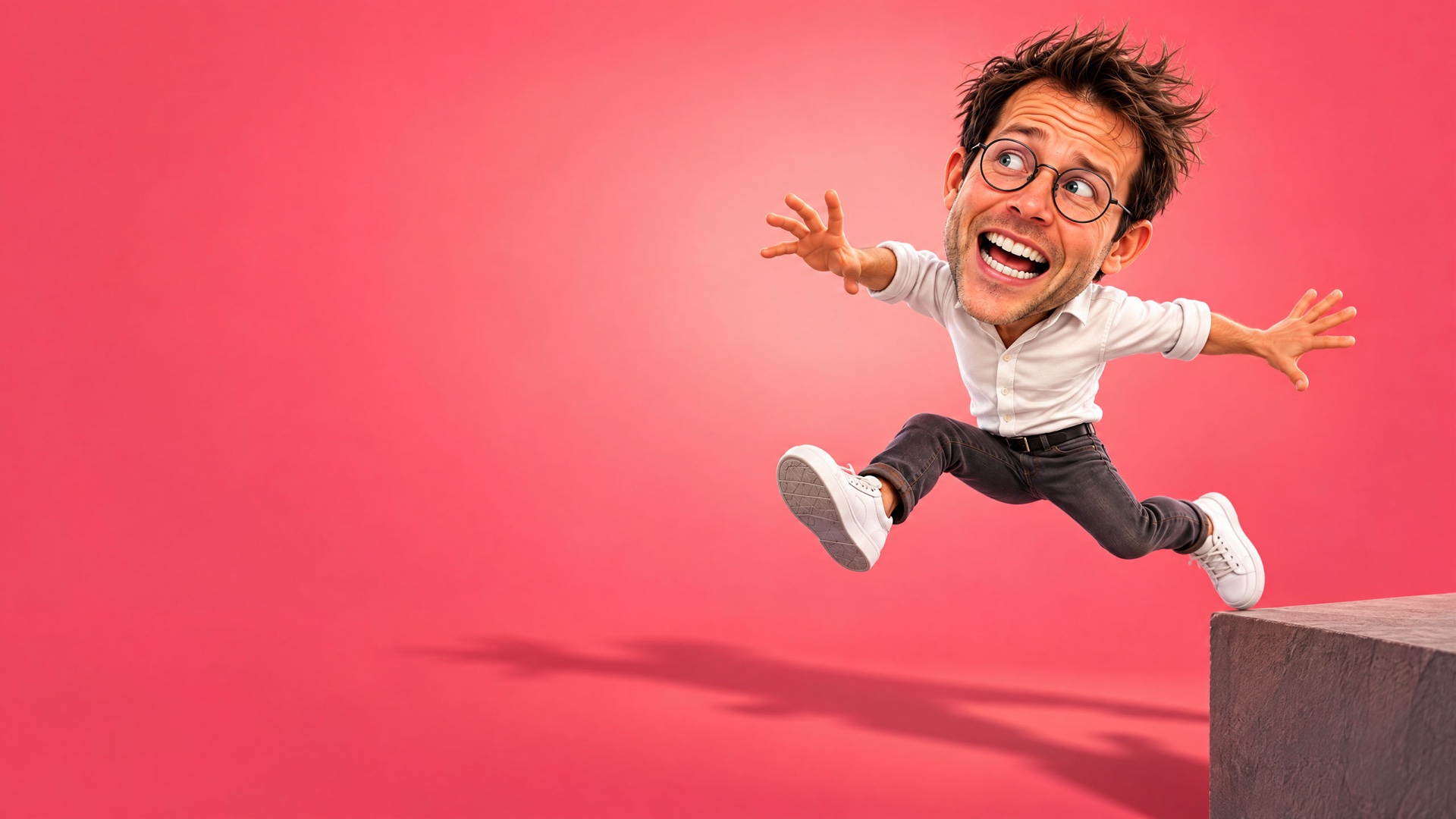 Caricature of Jerem mid-leap off a ledge, on a coral background.