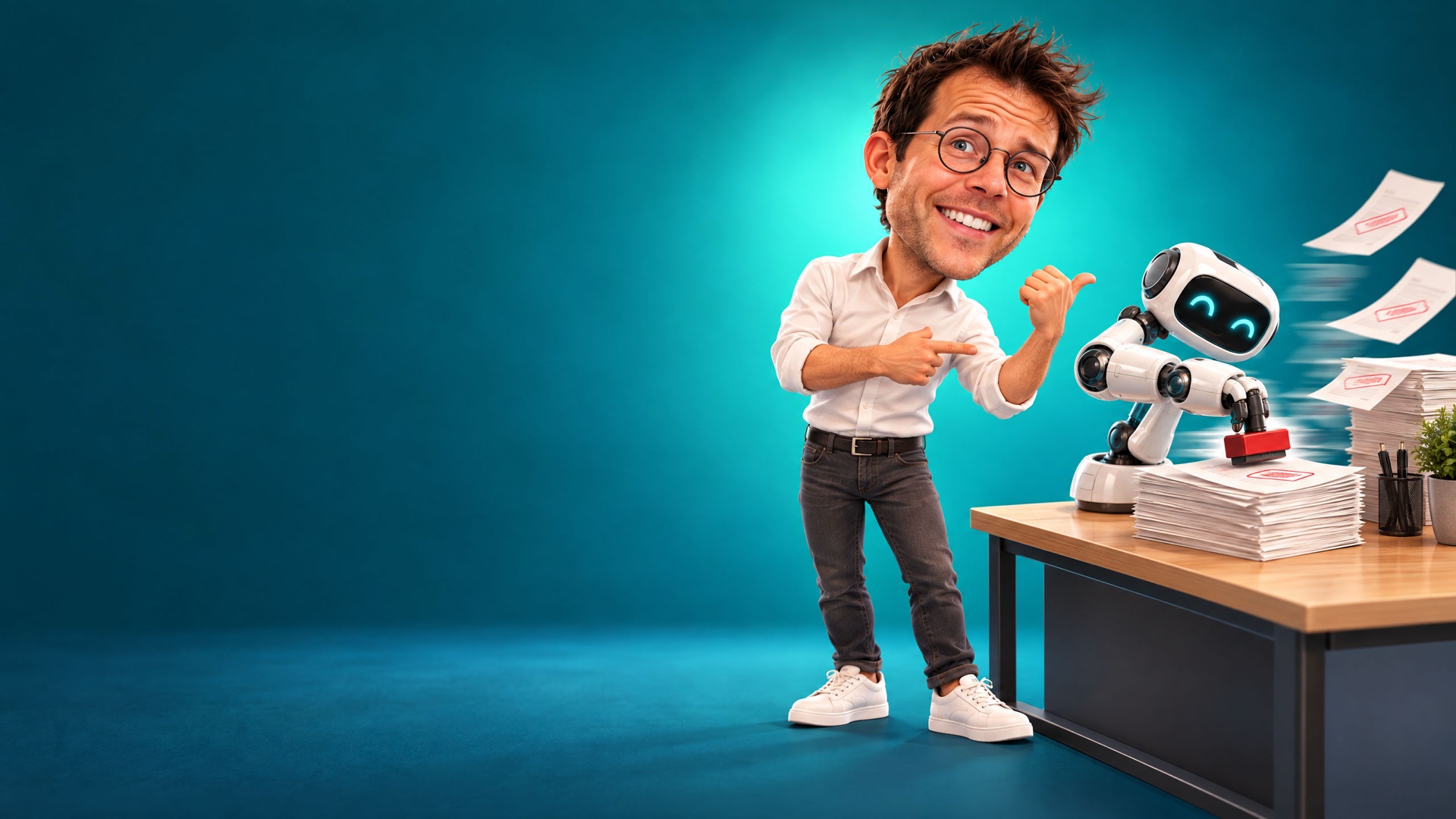 Caricature of Jerem pointing at a small robot arm stamping paperwork in his place.