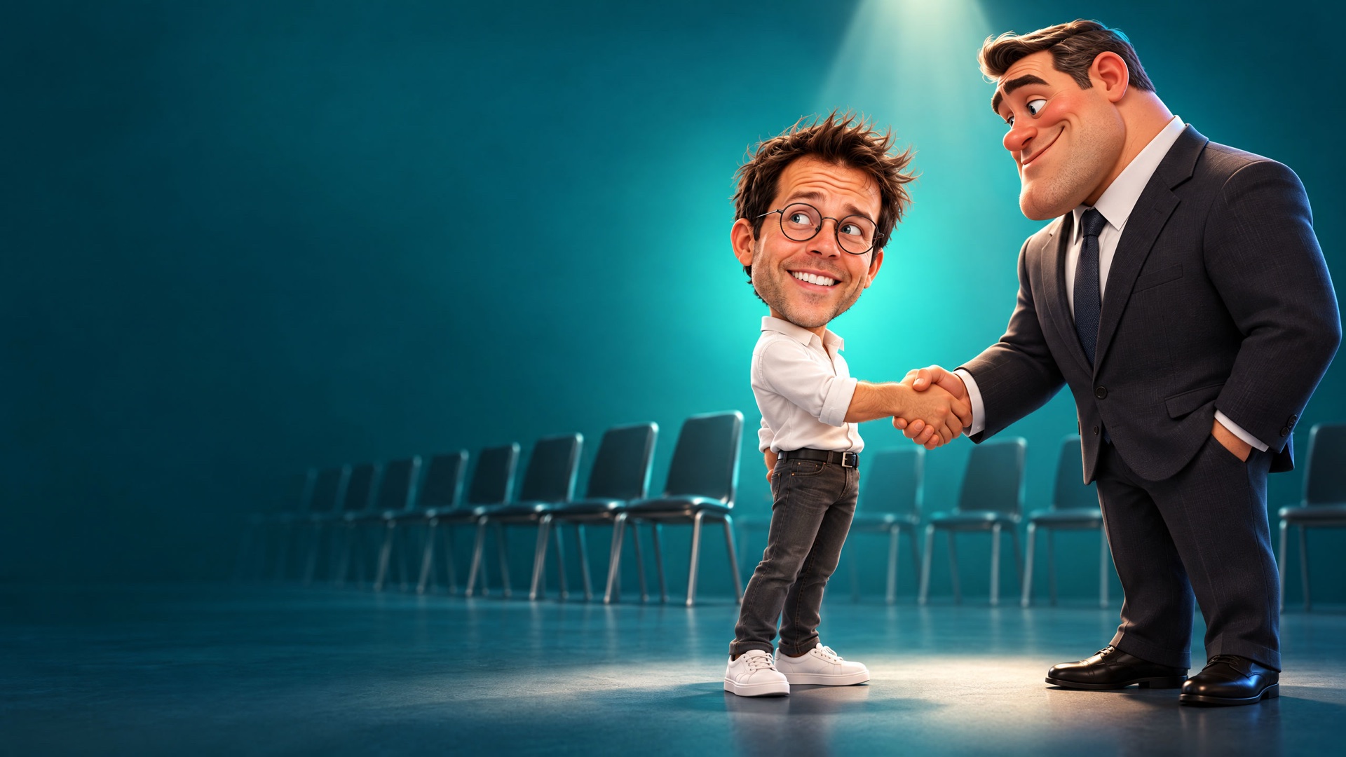 Caricature of Jerem shaking hands with an oversized businessman, in front of a row of empty chairs.