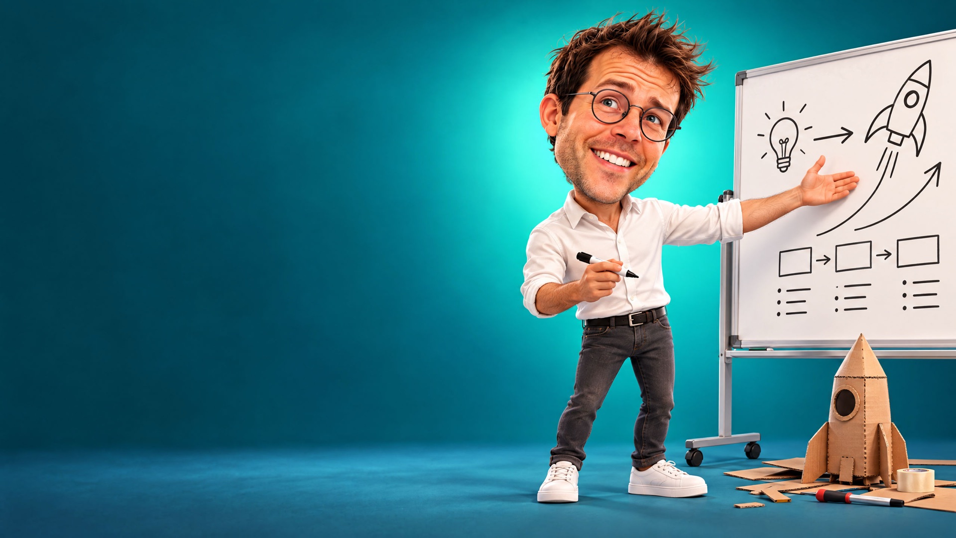 Caricature of Jerem explaining a diagram at a whiteboard, a cardboard rocket at his feet.