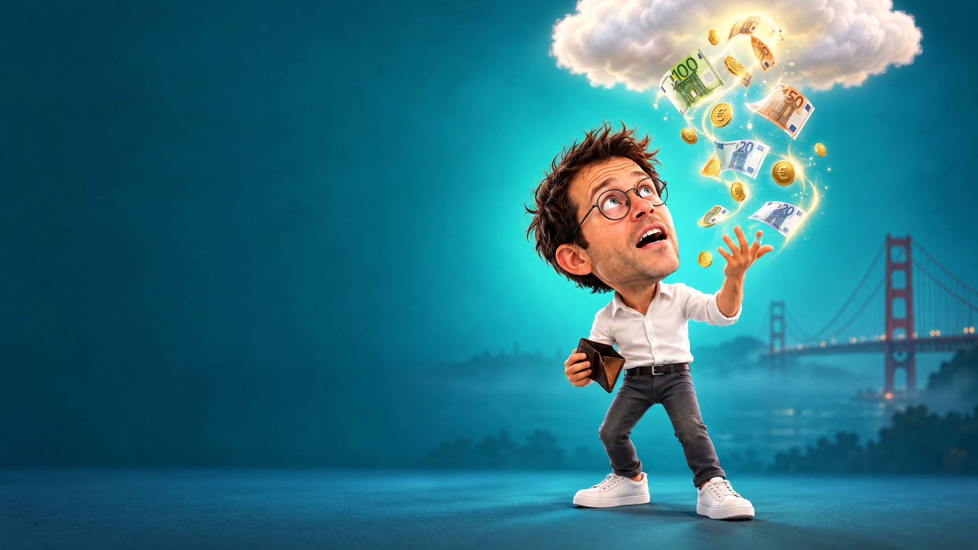 Caricature of Jerem watching his money fly out of his wallet into a cloud, the Golden Gate in the haze.
