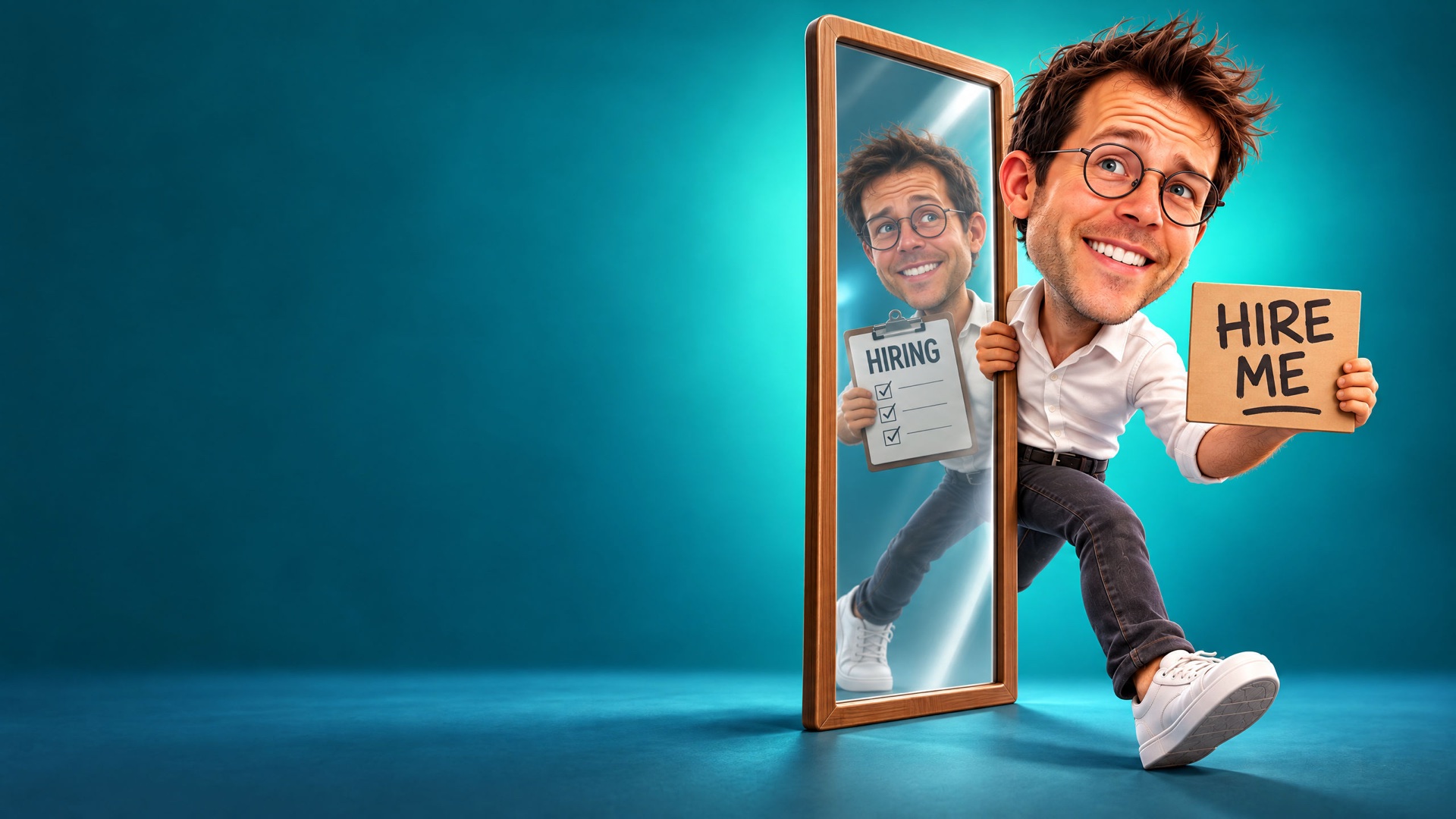 Caricature of Jerem stepping through a mirror holding a HIRE ME sign, his reflection holding a HIRING clipboard.