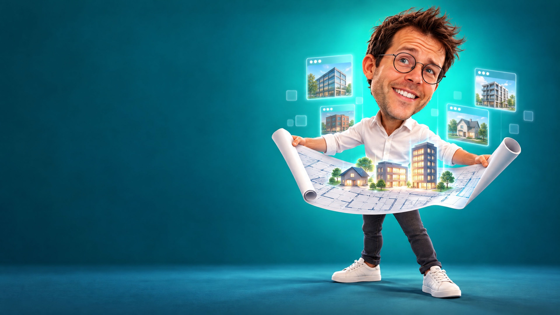 Caricature of Jerem unrolling a large blueprint with small glowing buildings rising from it.