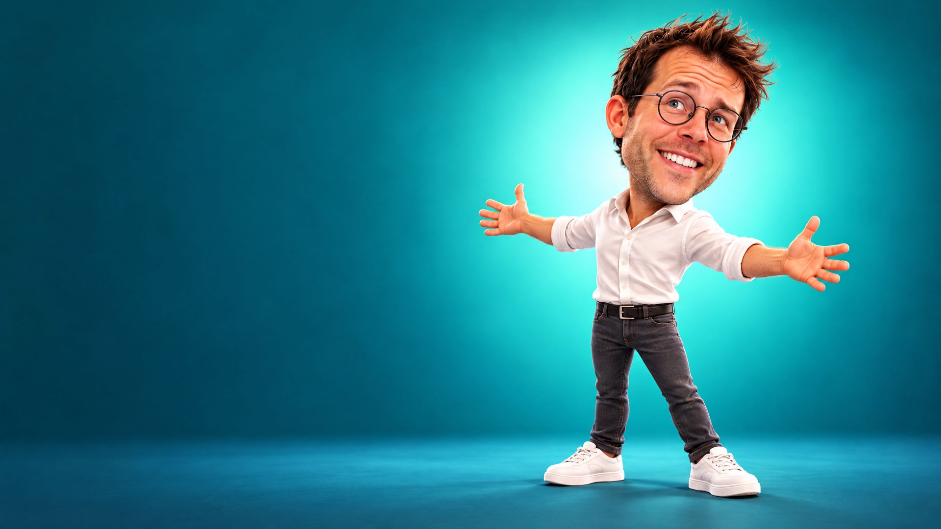 Caricature of Jerem with arms wide open, in bright light.