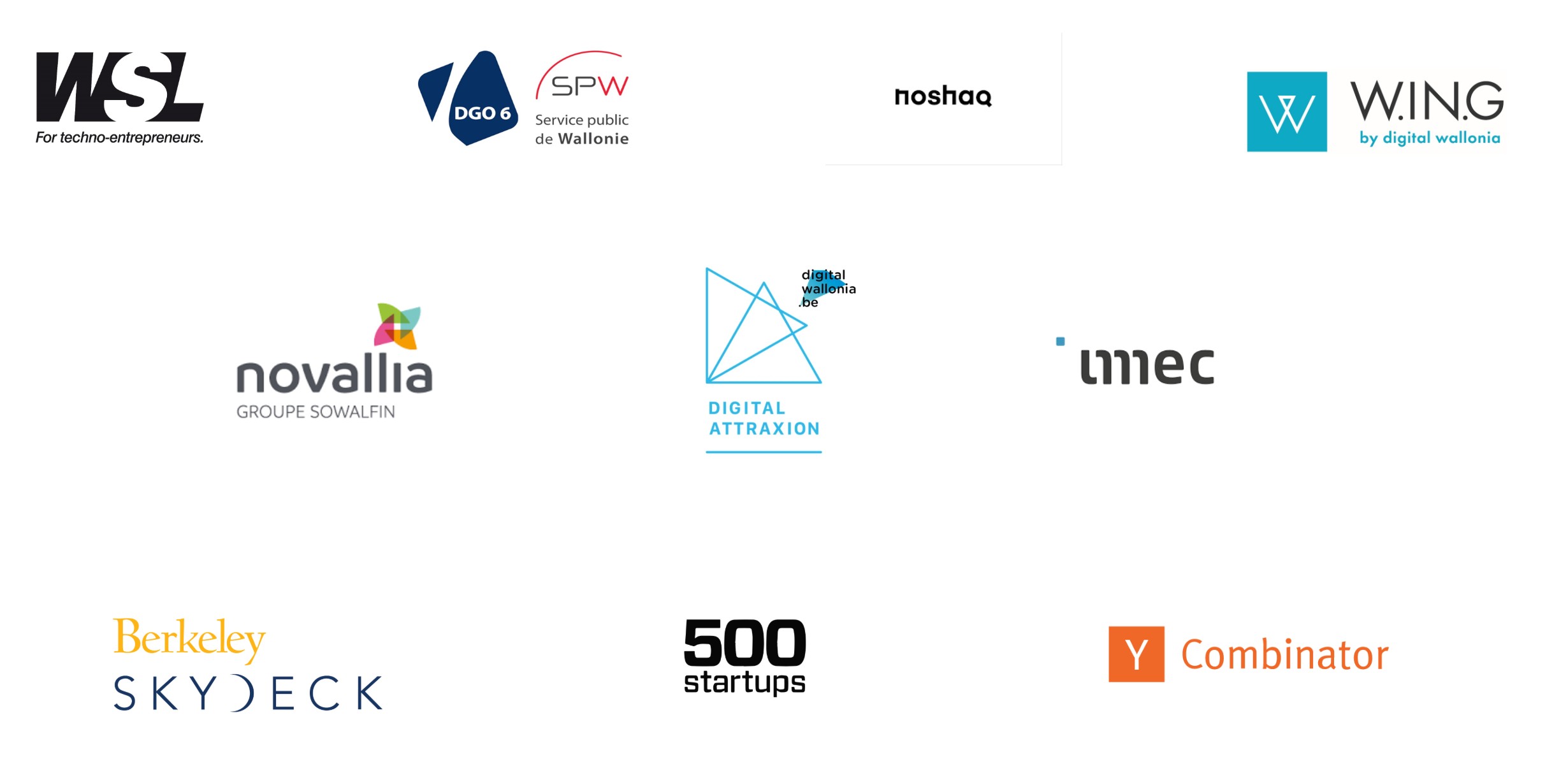Logo wall: WSL, SPW DGO6, Noshaq, W.IN.G, Novallia, Digital Attraxion, imec, Berkeley SkyDeck, 500 Startups, Y Combinator.