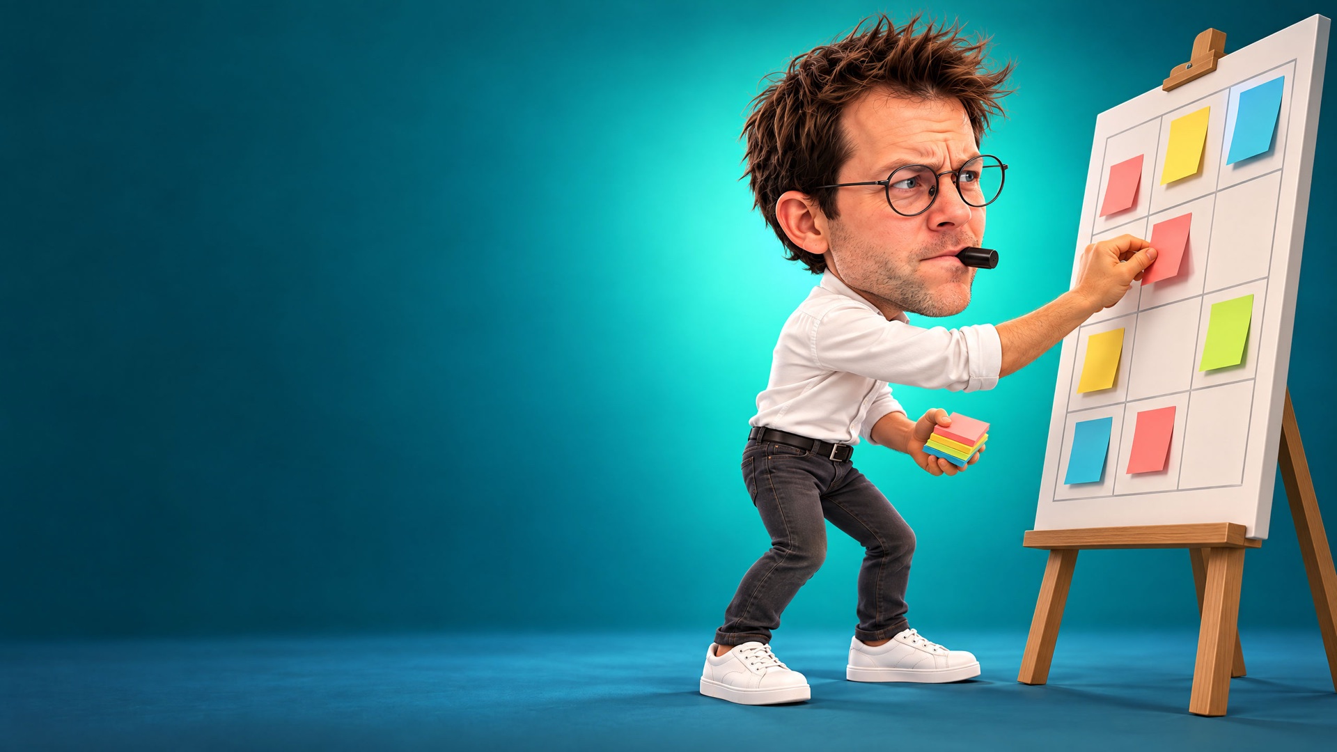 Caricature of Jerem sticking notes onto a large strategy canvas on an easel, a marker cap between his teeth.