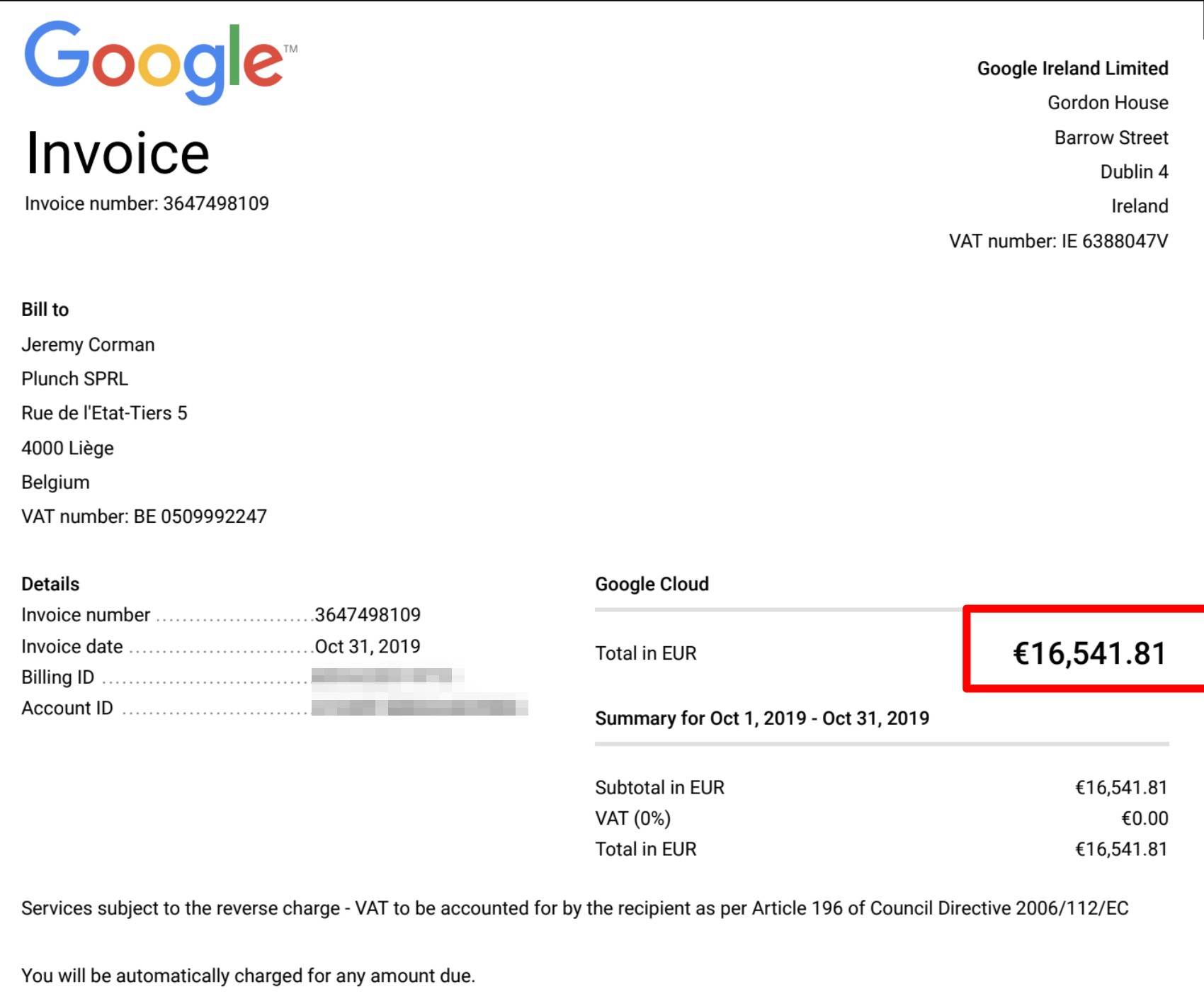 Google Cloud invoice, October 2019: €16,541.81, account IDs blurred.